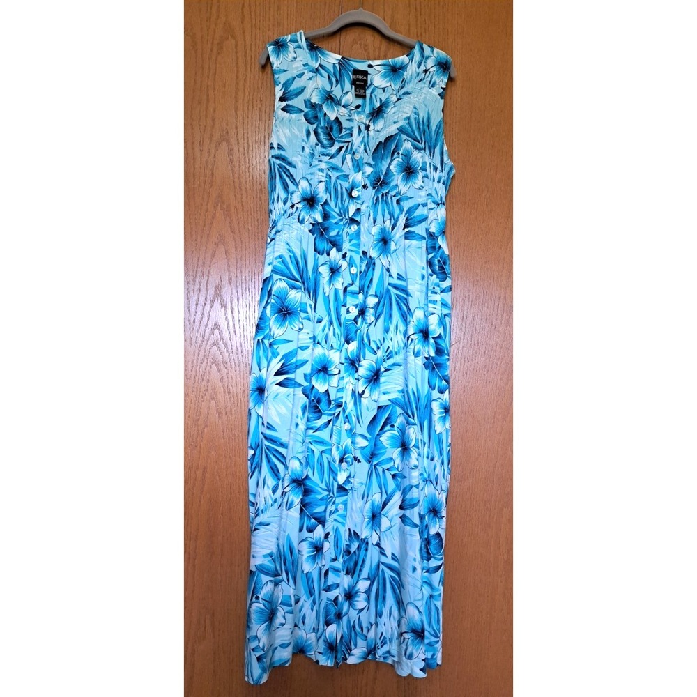 Erika Women's Rayon Floral Sleeveless Button-Up Maxi Dress VTG Elastic Top L